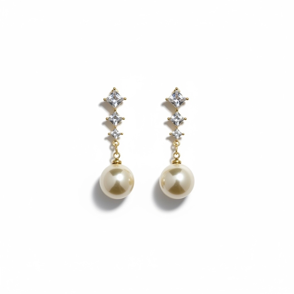 Classic Pearl Drop Earrings with Crystal Accents - Gold Tone